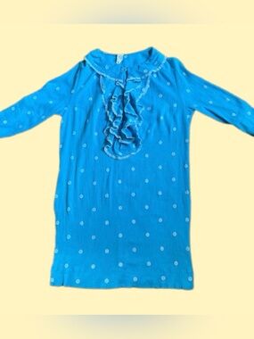 Genuine Vintage 60’s/70’s Blue, White Polka Dots Ruffled Tunic Top/Dress, Boho